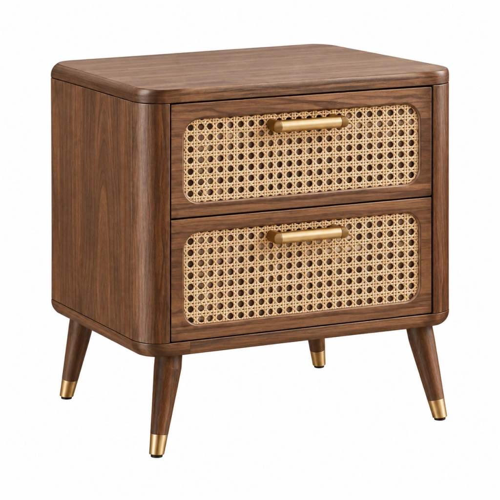 Nachttisch 50 x 40 x 60 cm aus Holz in Braun mit Rattangeflecht und 2 Schubladen