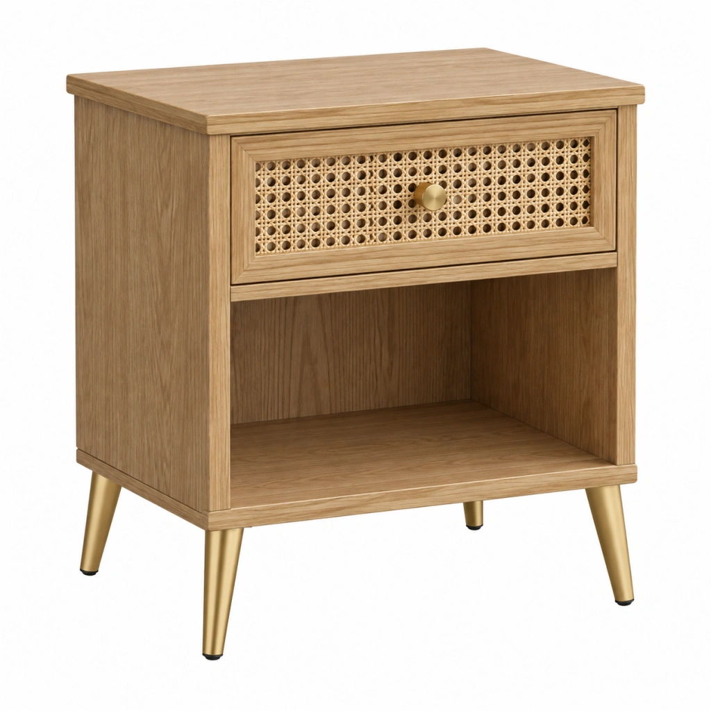 Nachttisch 45 x 40 x 60 cm Holz Natur mit Rattangeflecht und Schublade
