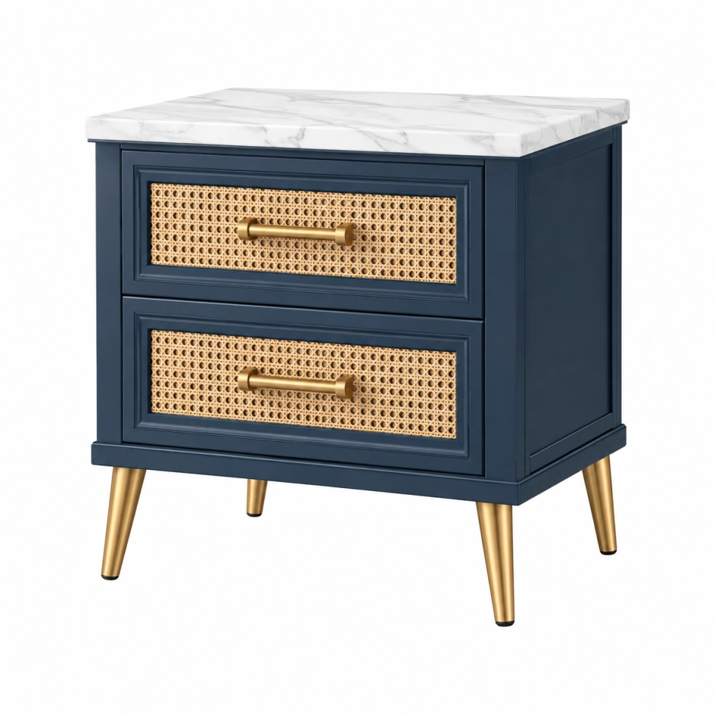 Nachttisch 60 x 45 x 65 cm Dunkelblau Holz Rattan mit 2 Schubladen