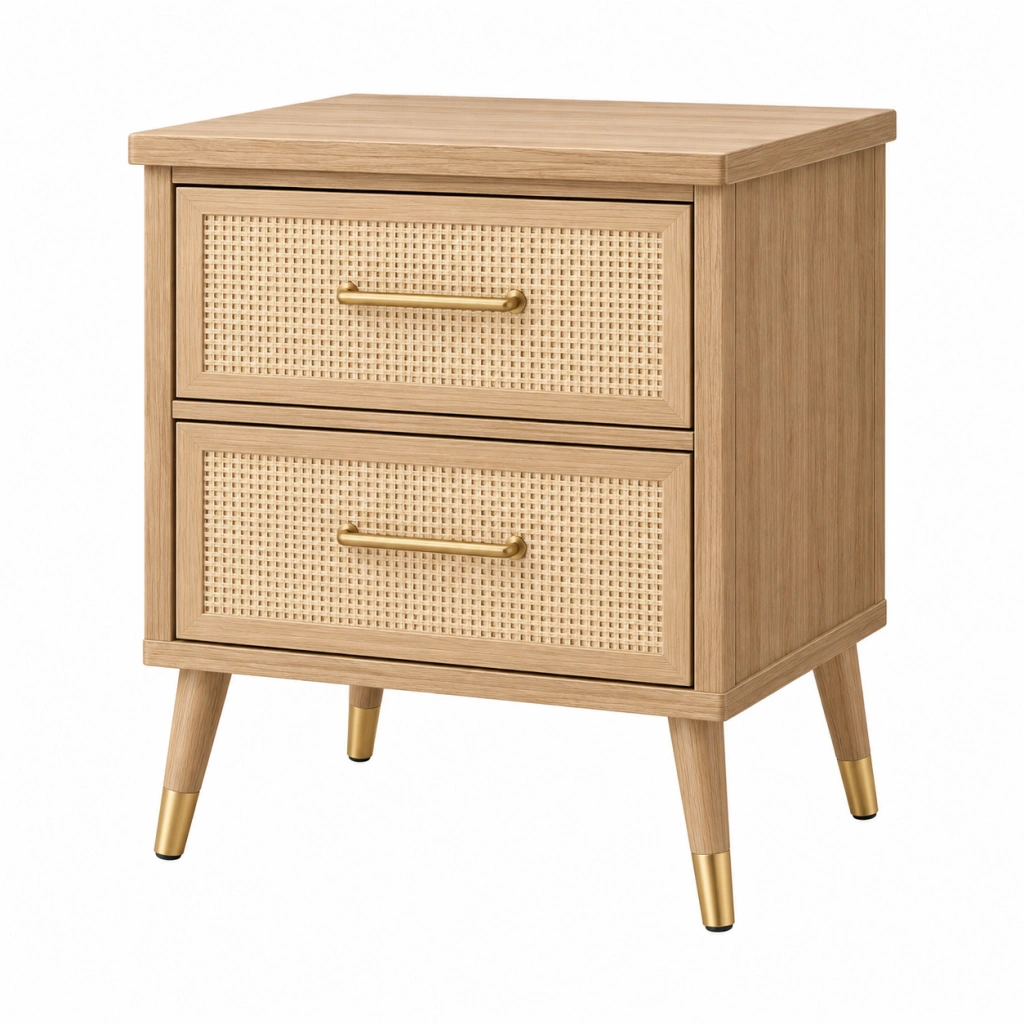 Nachttisch 45 x 40 x 60 cm Holz Natur mit Rattangeflecht und 2 Schubladen im Mid-Century-Stil