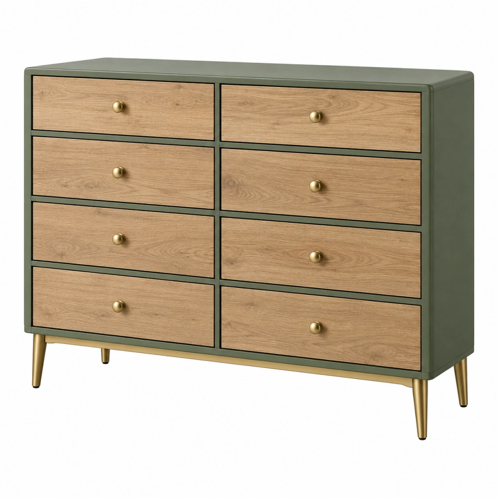 Kommode 140 x 40 x 90 cm aus Holzwerkstoff in Grün und Natur mit 8 Schubladen im Retro-Stil