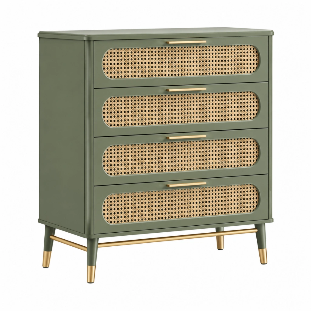 Kommode 80 x 40 x 100 cm aus Holzwerkstoff in Grün mit Rattangeflecht und vier Schubladen