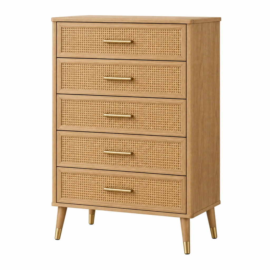 Kommode 80 x 40 x 120 cm aus Holz in Natur mit Rattangeflecht und fünf Schubladen
