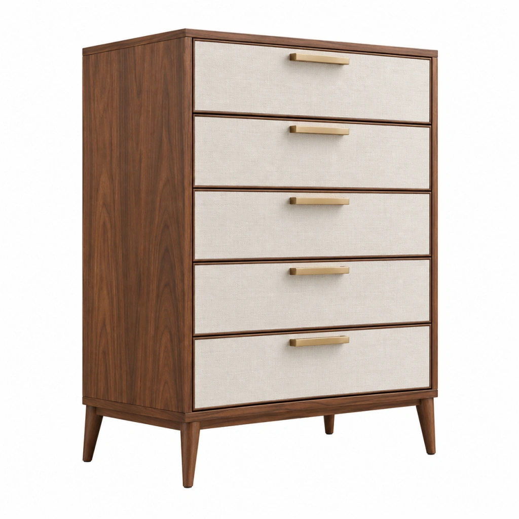 Kommode 80 x 40 x 120 cm Holzoptik Braun Beige mit fünf Schubladen Mid Century Stil