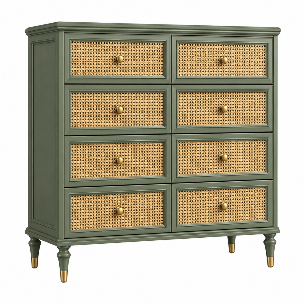 Kommode 120 x 45 x 120 cm aus Holz in Olivgrün mit Rattan Schubladen im Landhausstil