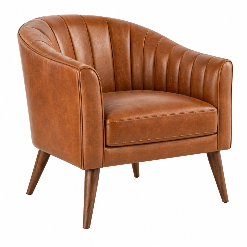 Sessel 76 x 75 x 78 cm aus braunem Kunstleder mit Holzbeinen im Retro Stil
