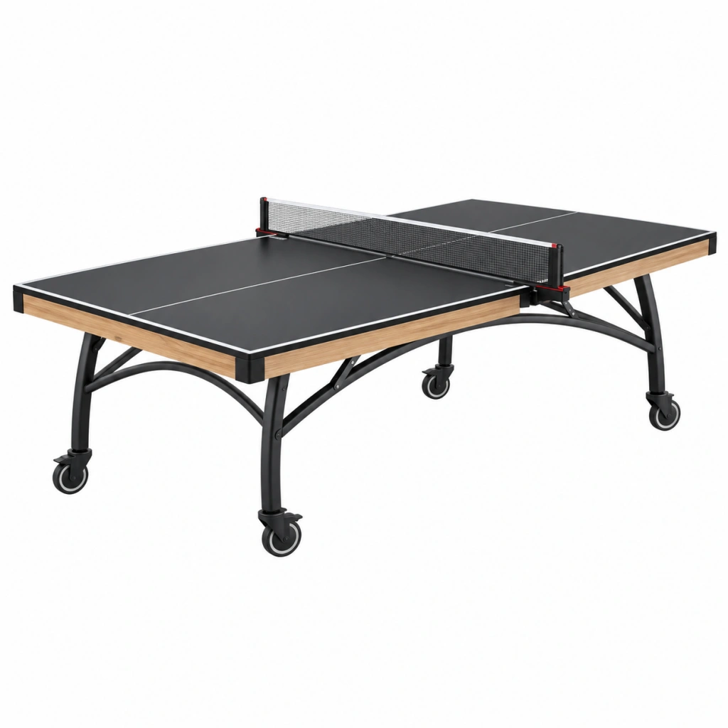 Tischtennisplatte 274 x 152.5 x 76 cm Schwarz Holzoptik mit Netz und Rollen