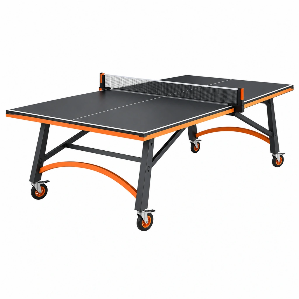 Tischtennisplatte 274 x 152.5 x 76 cm aus Metall und Holz Schwarz Orange mit Netz und Rollen
