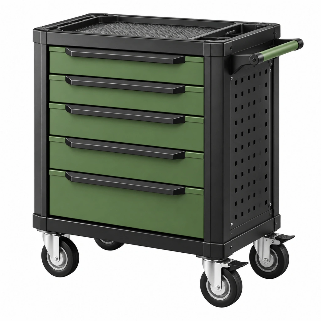 Werkzeugwagen 77 x 46 x 97 cm Stahl Grün Schwarz mit fünf Schubladen und Rollen