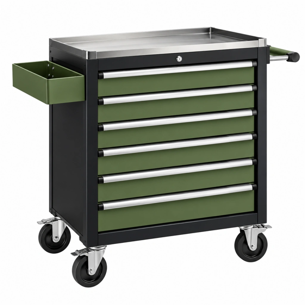 Werkstattwagen 77 x 46 x 97 cm aus Stahl in Grün Schwarz mit 6 Schubladen und Edelstahlablage