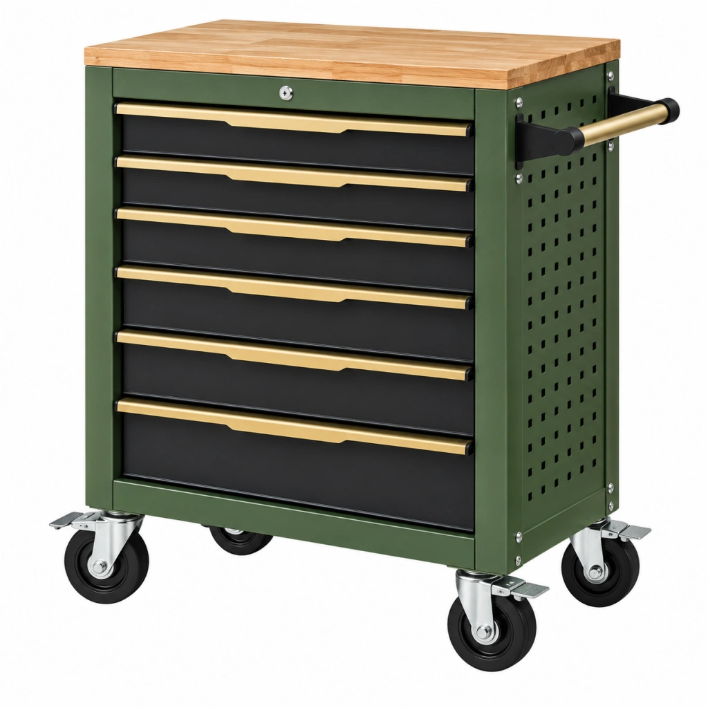 Werkzeugwagen 77 x 46 x 97 cm aus Stahl Grün mit Holzplatte und 7 Schubladen