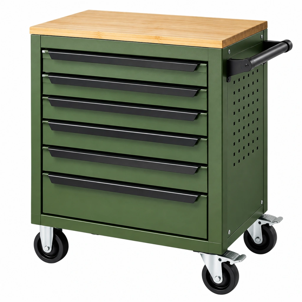 Werkstattwagen 70 x 45 x 90 cm aus Stahl in Grün mit Bambus-Arbeitsplatte und 6 Schubladen