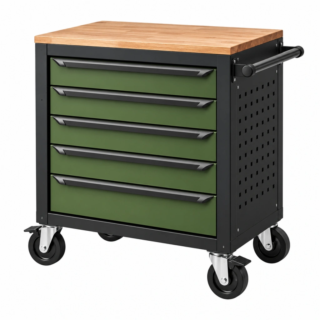 Werkzeugwagen 75 x 45 x 90 cm aus Stahl Grün Schwarz mit Holzarbeitsplatte und 5 Schubladen